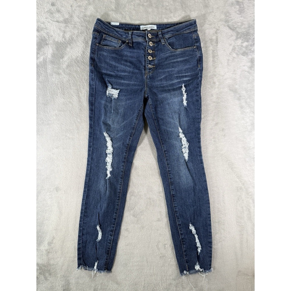 Almost Famous Jeans Womens 7‎ Blue Denim Distressed Button Fly